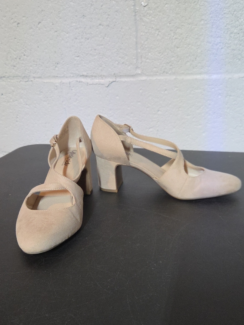 Life Stride Tracy Nude Cross-Strap Block Heel Pumps